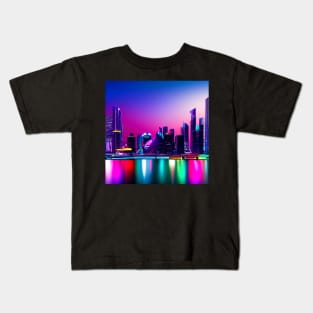 Ai Generated Art Scenery - Futuristic City With Beatiful Lighting Behind Iluminated River Kids T-Shirt